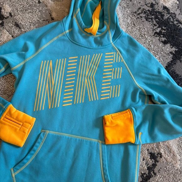 Nike Therma-Fit Turquoise & Yellow Logo Cowl Neck Hoodie w Thumbholes Size Small - Picture 5 of 9
